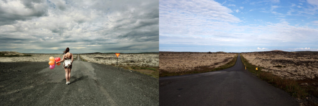 Two panoramic landscape images side by side. On the left, a woman with long hair walks away from the camera on a desolate road, holding a bunch of colorful balloons. The scenery features an expansive terrain with light vegetation and a dramatic cloudy sky overhead. On the right, a winding road stretches into the distance through a barren landscape with sparse grass and rocks, the same location where the woman was previously seen. Her notable absence contrasts with the vast sky filled with a mix of clouds and blue patches overhead.